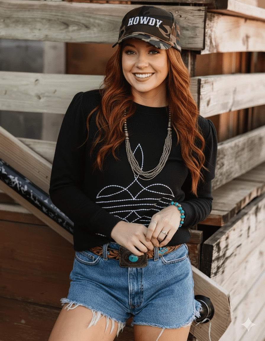 Black Boot Stitch Graphic SweatshirtBlackS