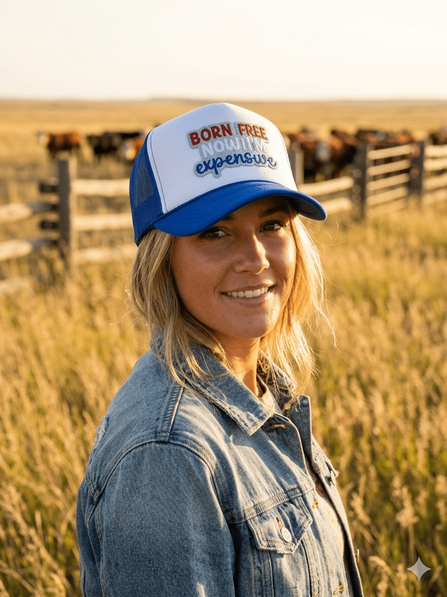 Born Free Now I'm Expensive Patch Trucker HatBlue and White