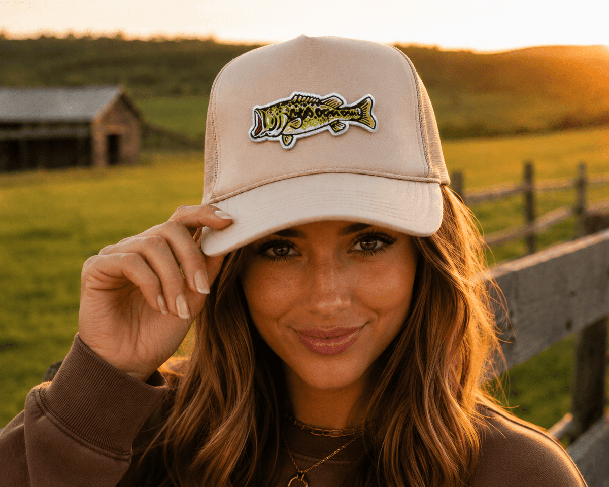 Largemouth Bass Patch Trucker Hat in Tan