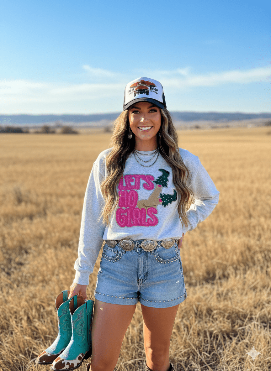 Let's Ho Girls Christmas Glitter Embroidered Patch SweatshirtOatmealS