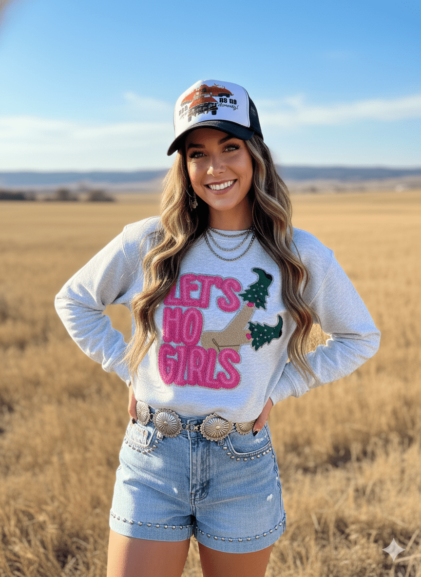 Let's Ho Girls Christmas Glitter Embroidered Patch SweatshirtOatmealS