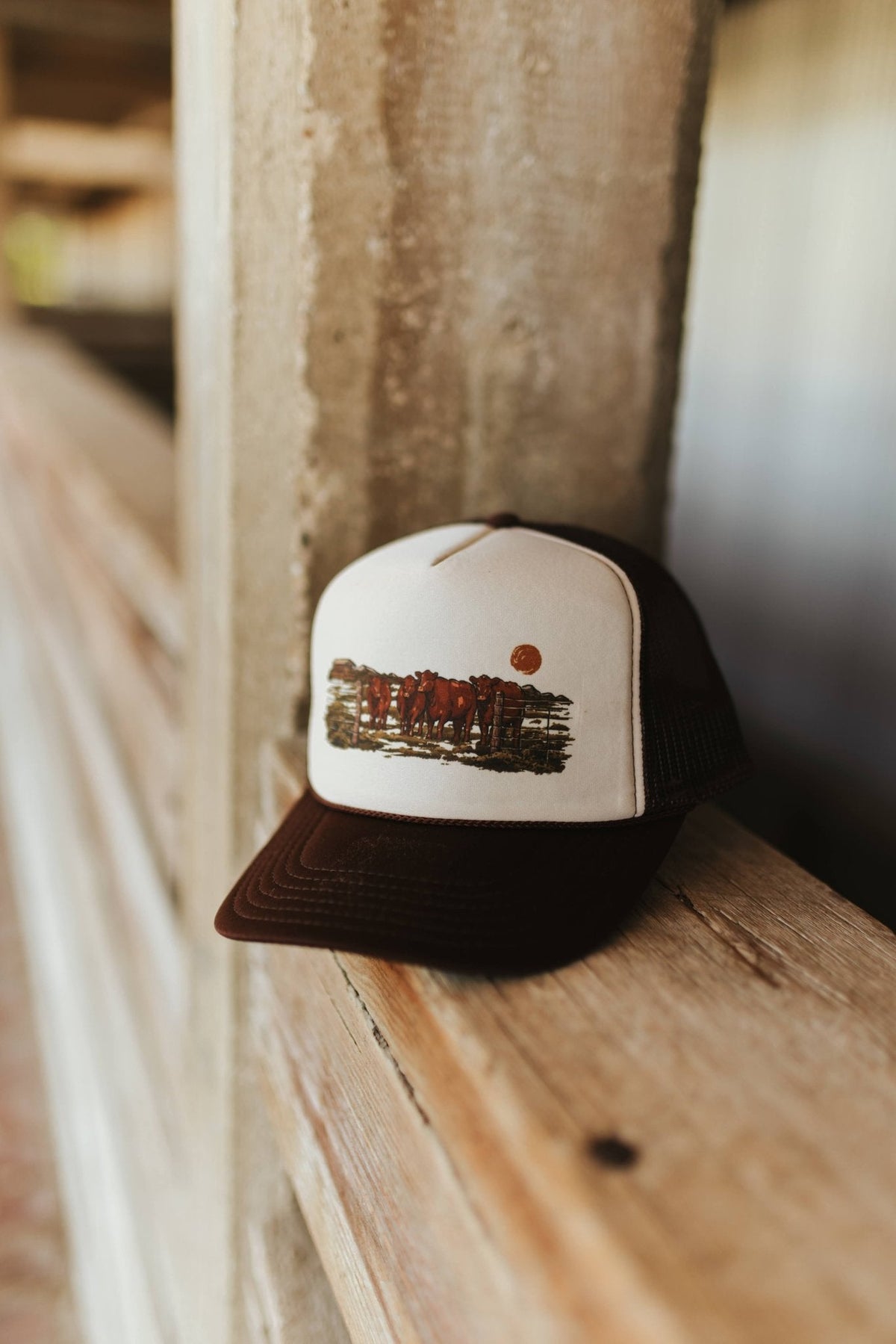 Pasture Red Angus Trucker Hat in Brown & Tan
