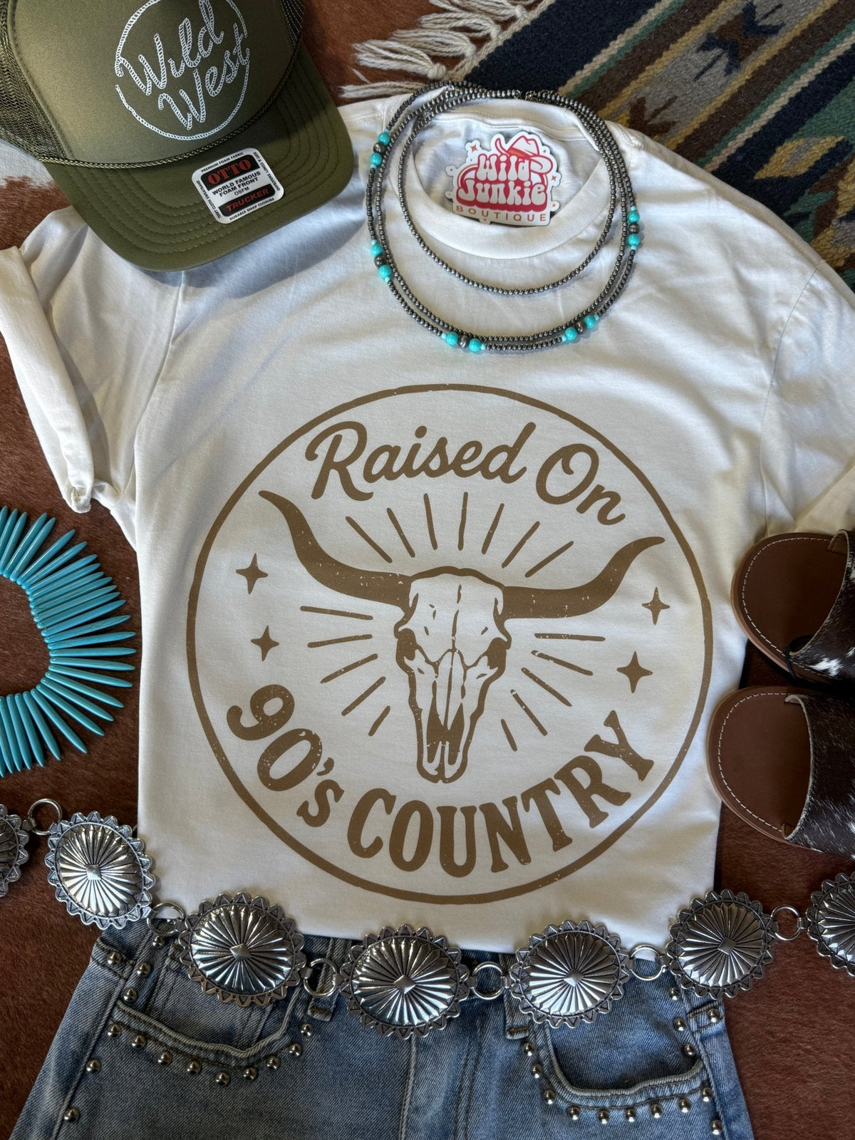 Raised On 90's Country Steer Skull Graphic TeeNaturalS