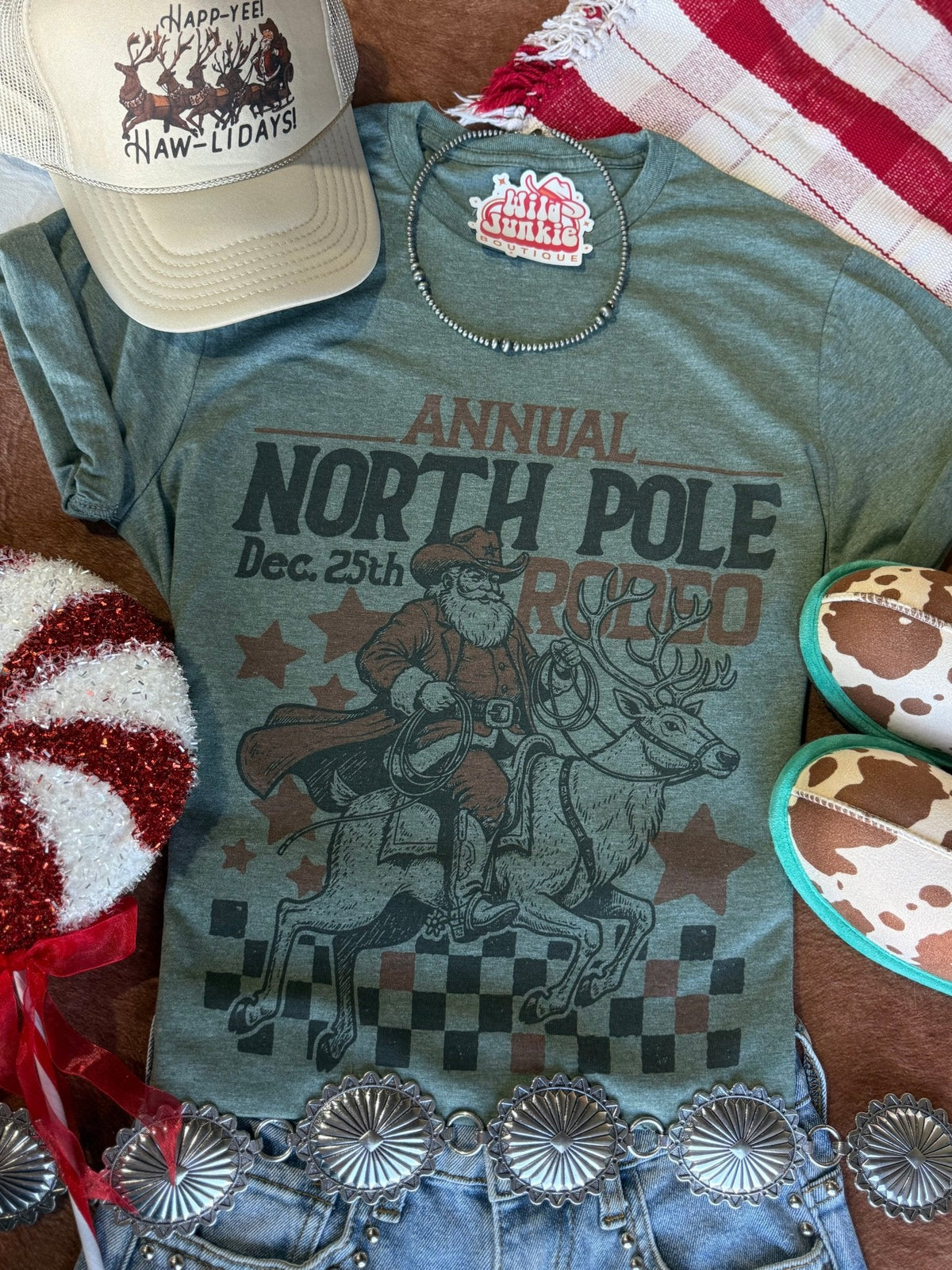 Reindeer North Pole Rodeo Graphic TeeHeather Military GreenS