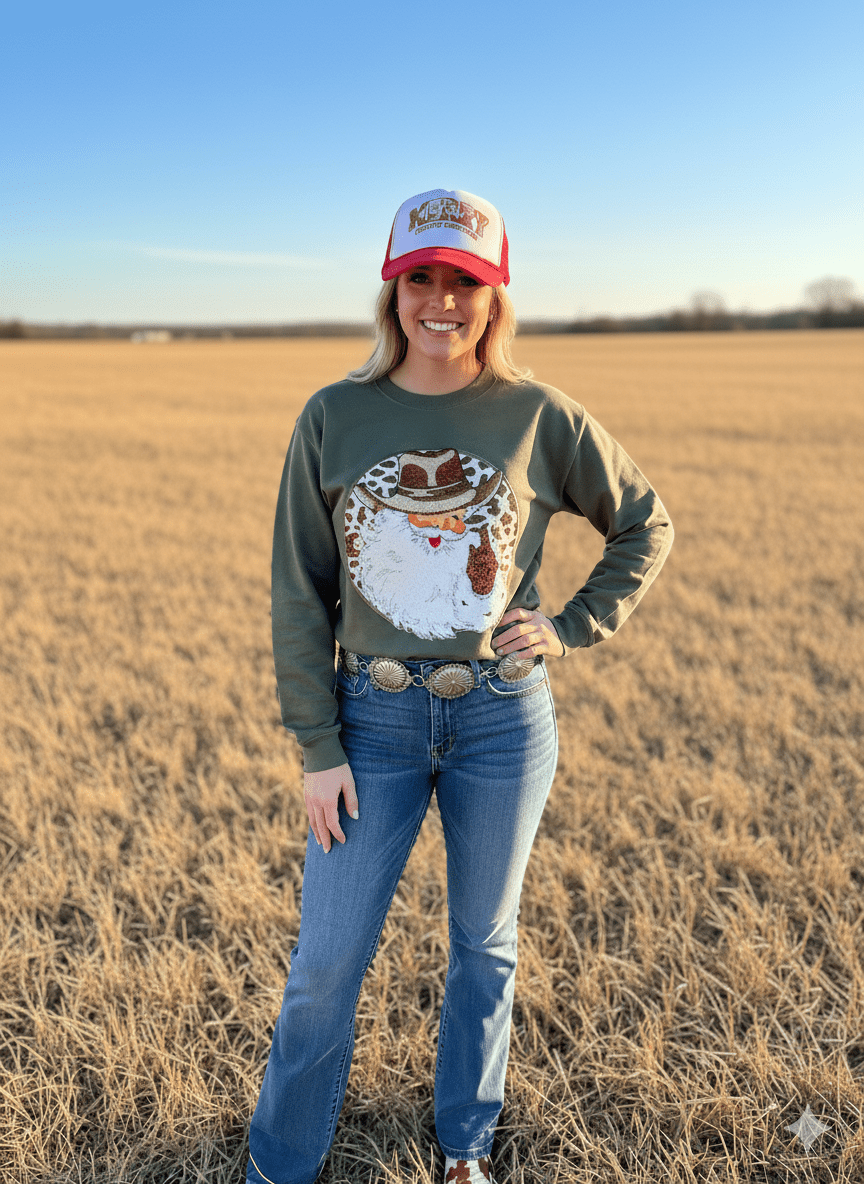 Western Santa Sequin Patch SweatshirtDark GreenS