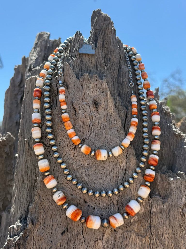 Sterling Silver Graduated Spiny Oyster Barrel Beaded Necklace