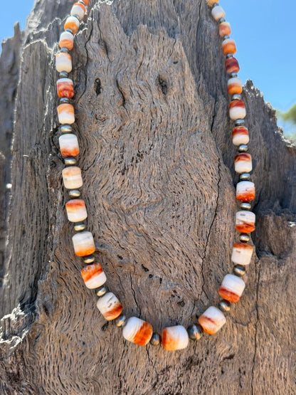 Sterling Silver Graduated Spiny Oyster Barrel Beaded Necklace