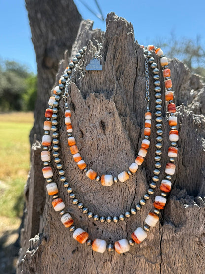 Sterling Silver Graduated Spiny Oyster Barrel Beaded Necklace