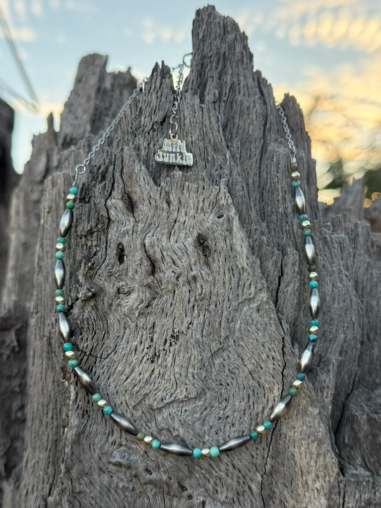 Two-Tone Torpedo and Turquoise Beaded Chain Necklace