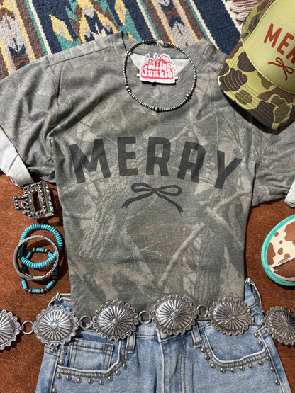 Tree Camo Merry Christmas Black Bow Graphic Tee