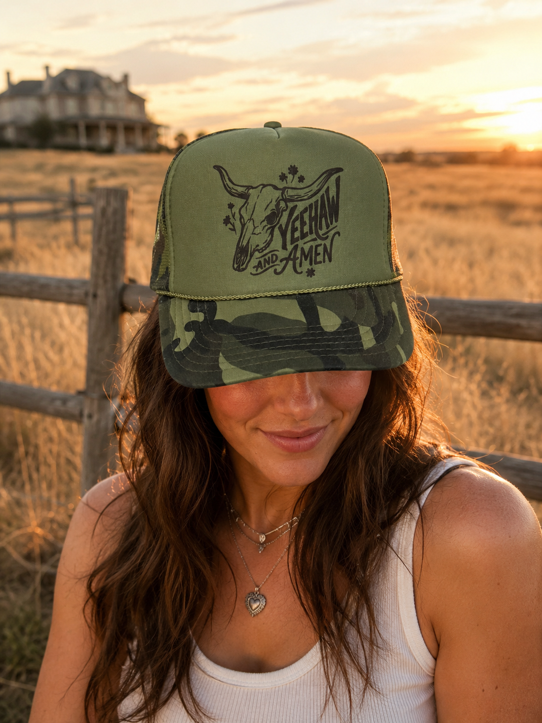 Yeehaw and Amen Longhorn Camo Trucker HatCamo