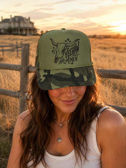 Yeehaw and Amen Longhorn Camo Trucker HatCamo