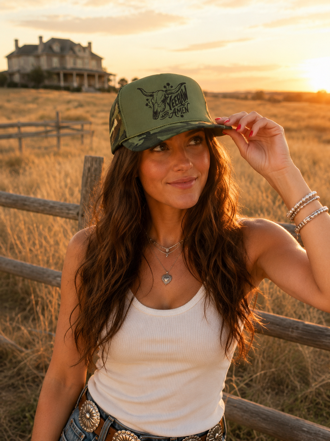 Yeehaw and Amen Longhorn Camo Trucker HatCamo