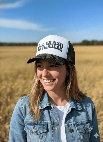 All Trash No Trailer Camo Trucker HatCamo & White