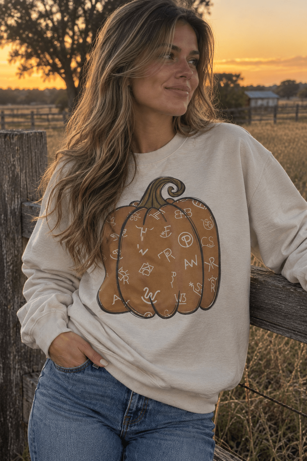 Cattle Brand Pumpkin Graphic Sweatshirt in Sand