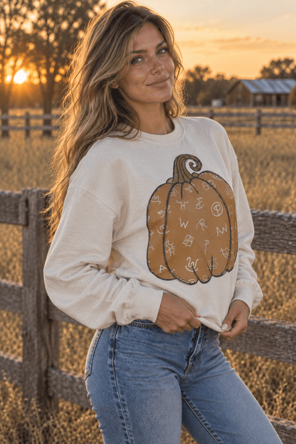 Cattle Brand Pumpkin Graphic Sweatshirt in Sand