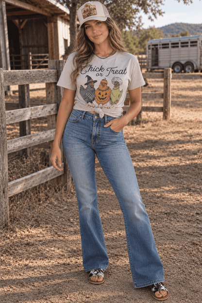 Chick or Treat Halloween Graphic Tee in Pink Gravel