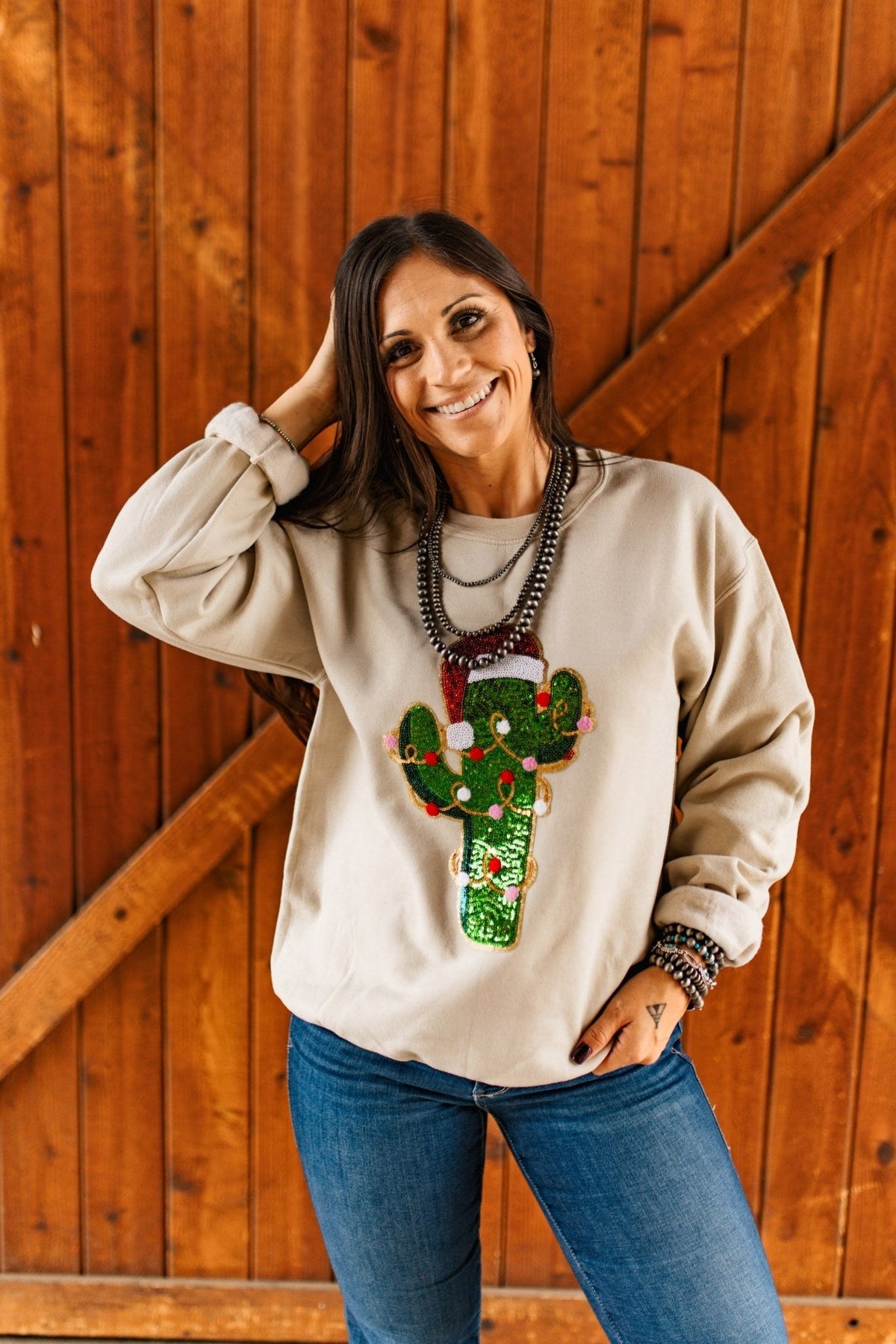 Christmas Cactus Sequins Patch SweatshirtSandS