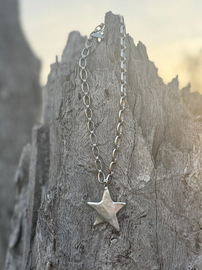 Chunky Silver Star Link Necklace