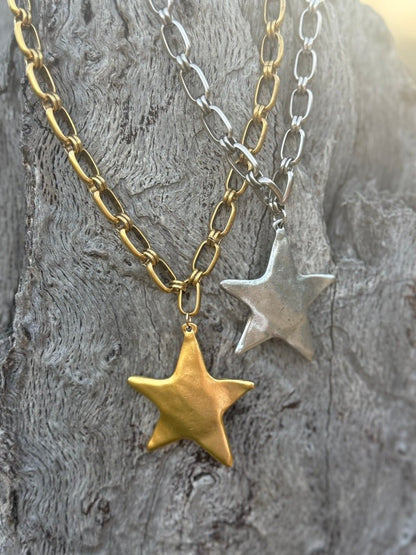 Chunky Silver Star Link Necklace