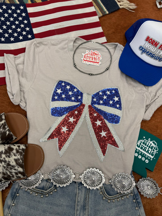 Americana Patriotic Bow Sequin Patch TeeCool GreyS