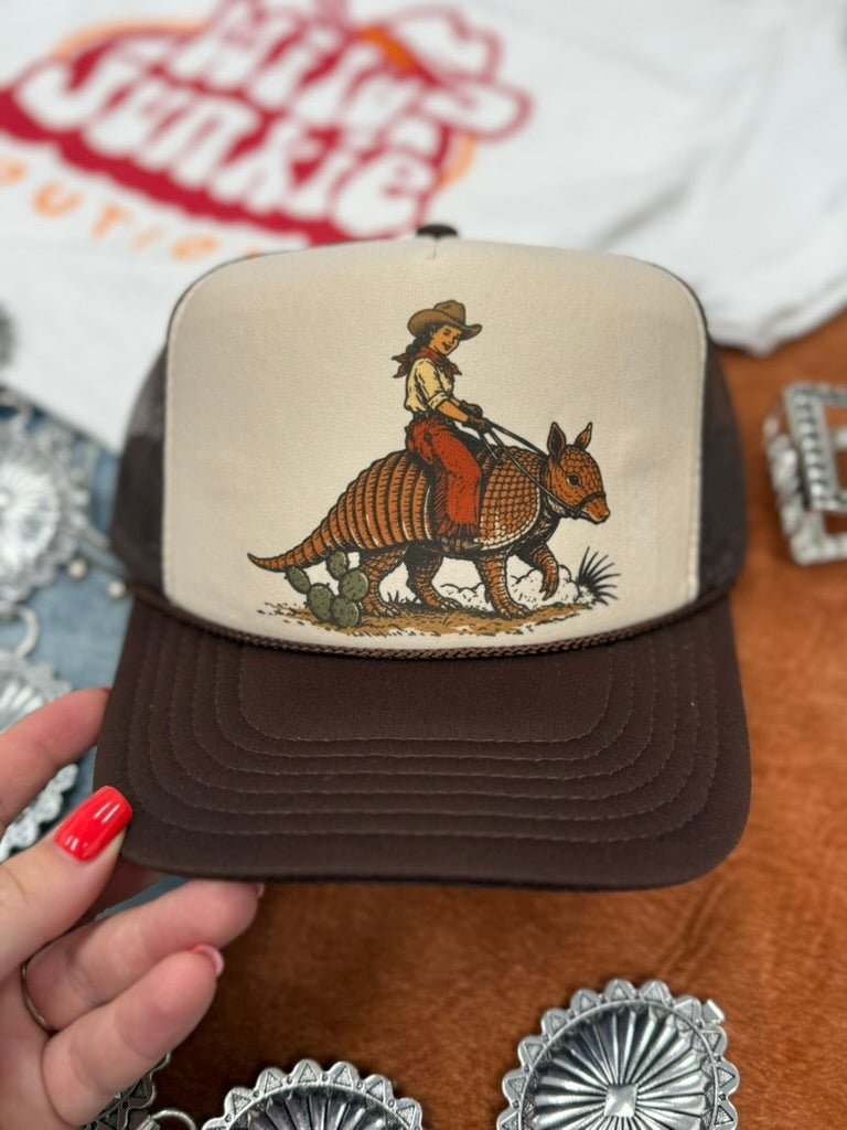 Cowgirl Riding Armadillo Trucker HatBrown & Tan