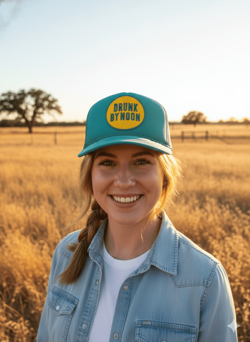 Drunk By Noon Patch Trucker HatTurquoise