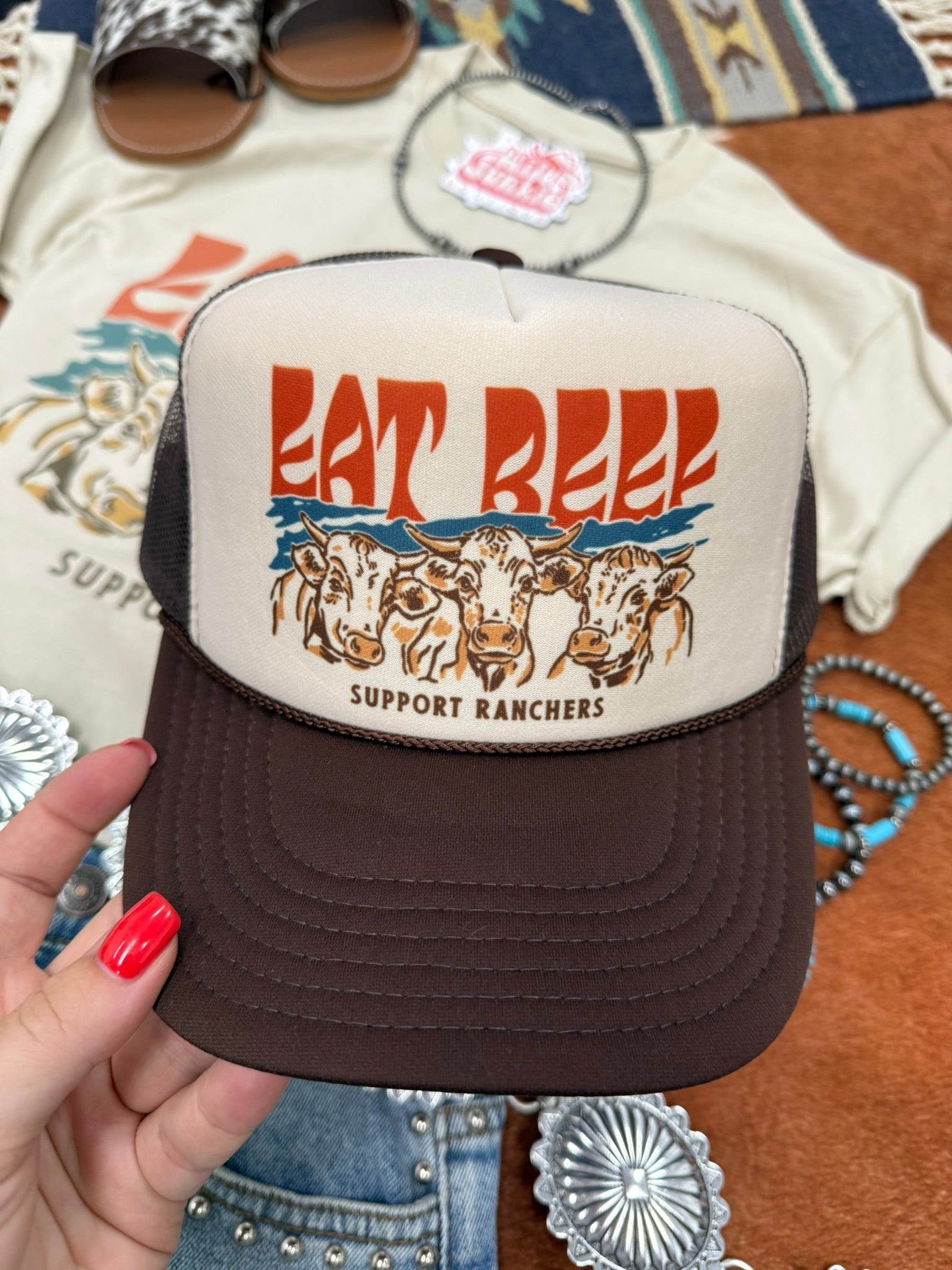 Eat Beef Support Ranchers Trucker HatBrown & Tan