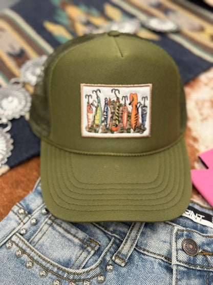 Fishing Lures Embroidered Patch Trucker HatOlive