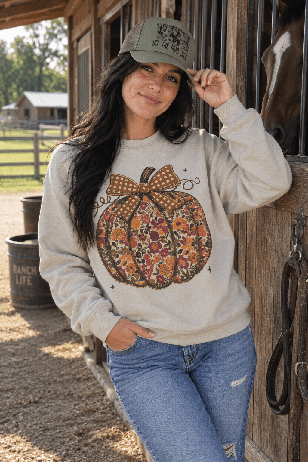 Floral Bow Pumpkin Graphic Sweatshirt in Sand