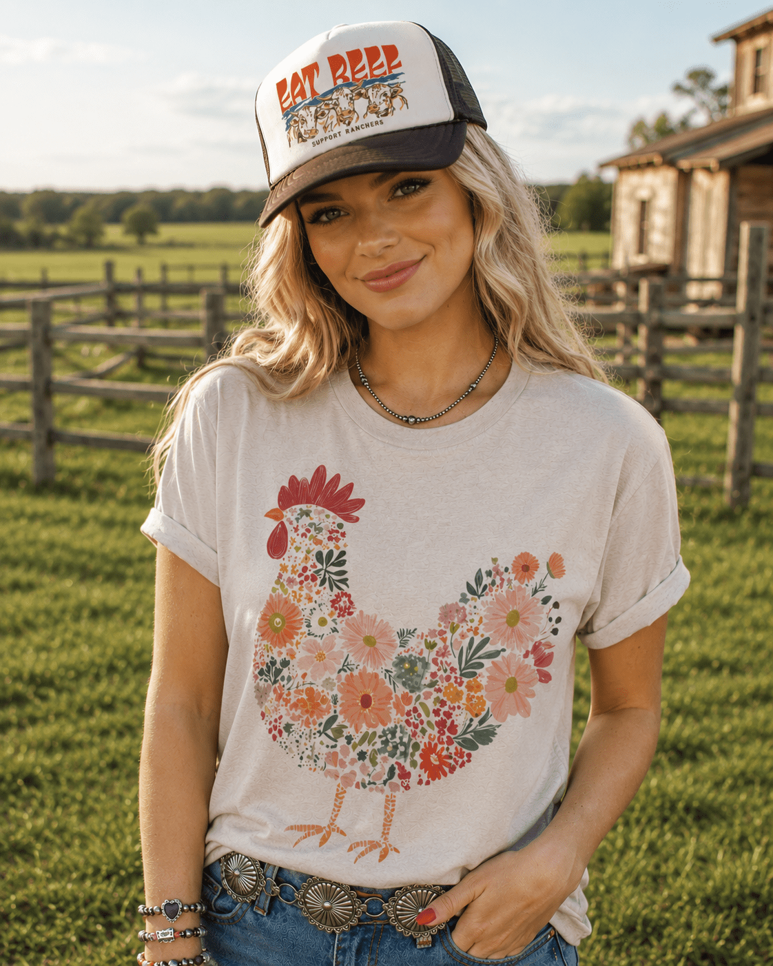 Floral Rooster Graphic TeePink GravelS