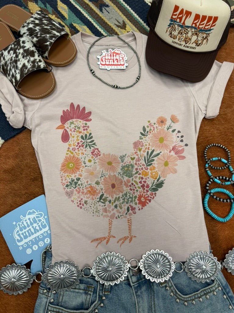 Floral Rooster Graphic TeePink GravelS