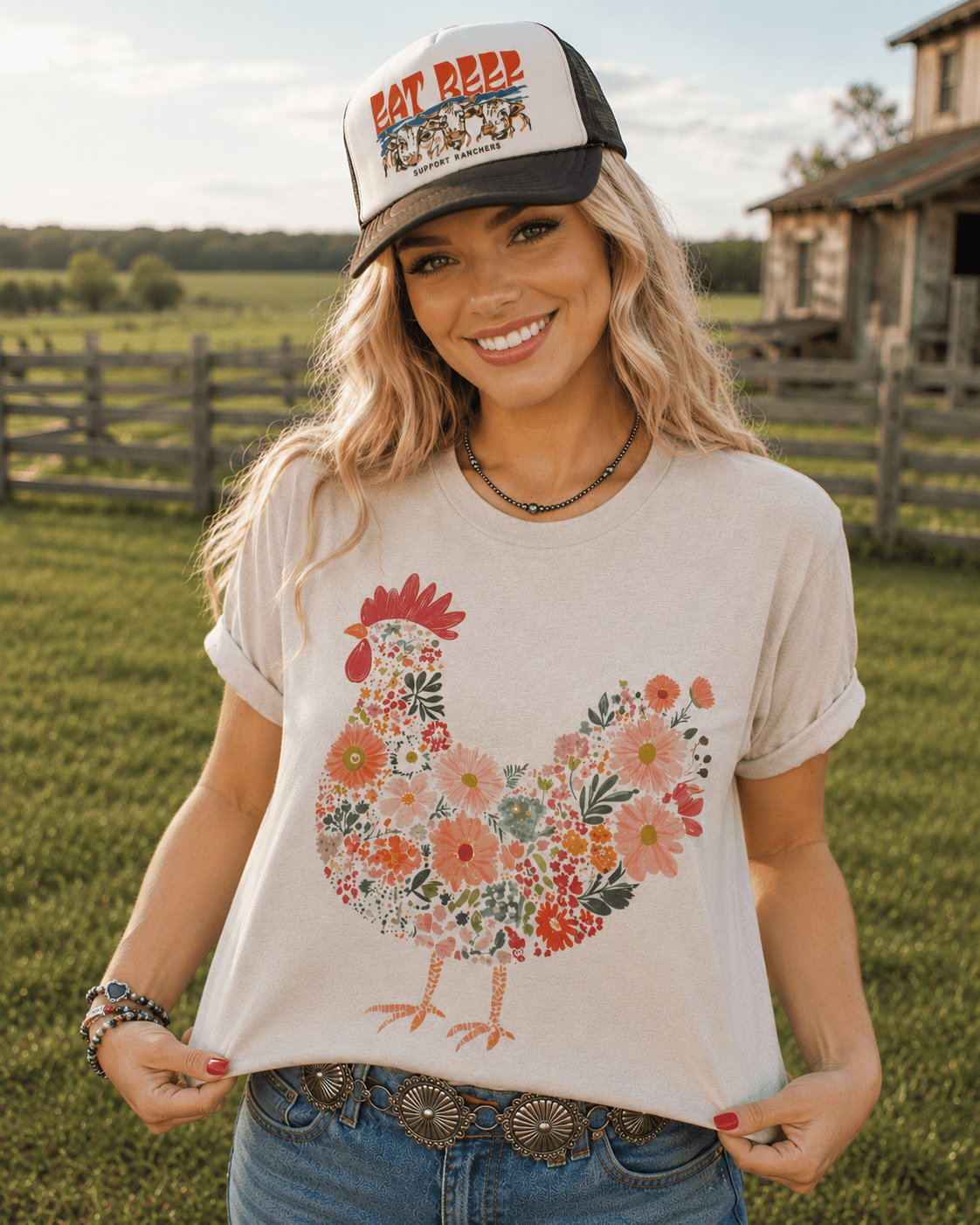 Floral Rooster Graphic TeePink GravelS