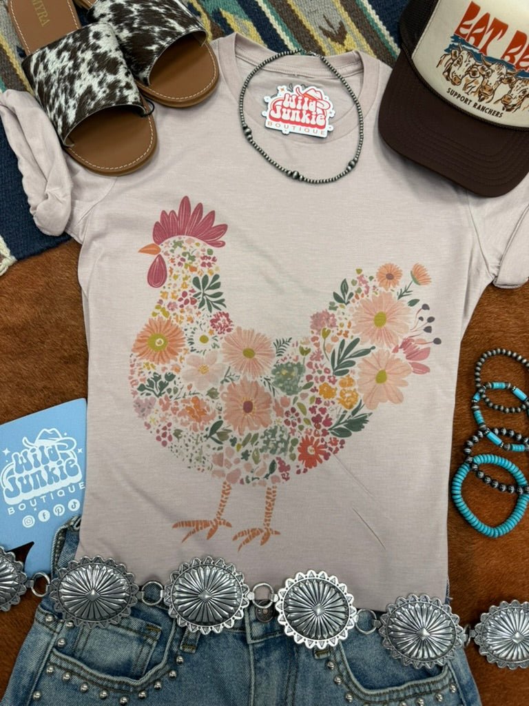Floral Rooster Graphic TeePink GravelS