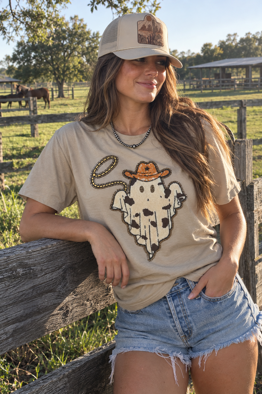 Cowboy Ghost Sequin Patch Tee in Tan