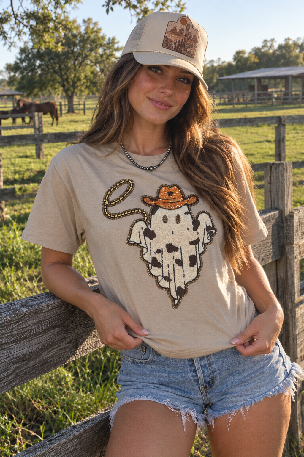 Cowboy Ghost Sequin Patch Tee in Tan