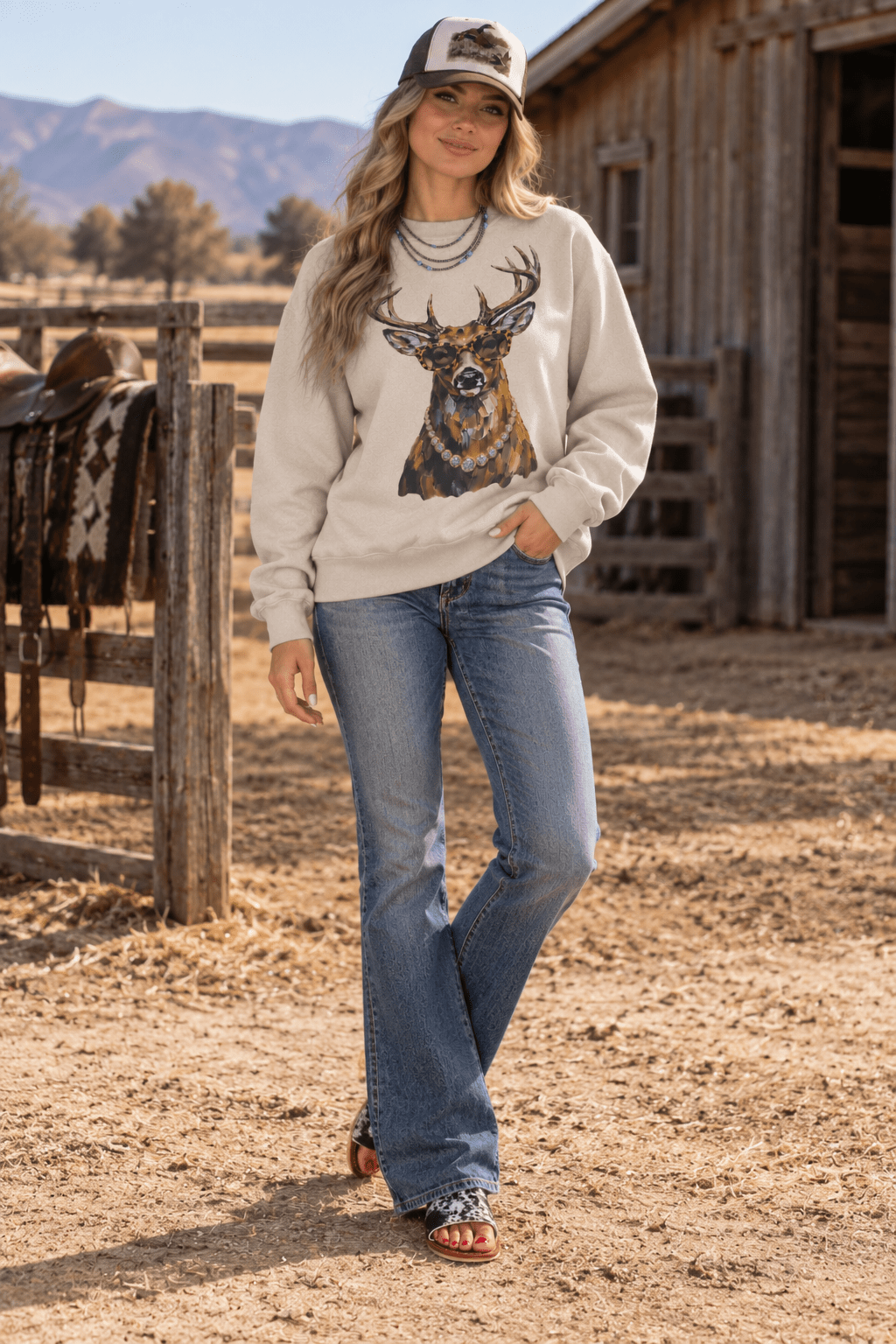 Glam Whitetail Deer Graphic Sweatshirt in Sand