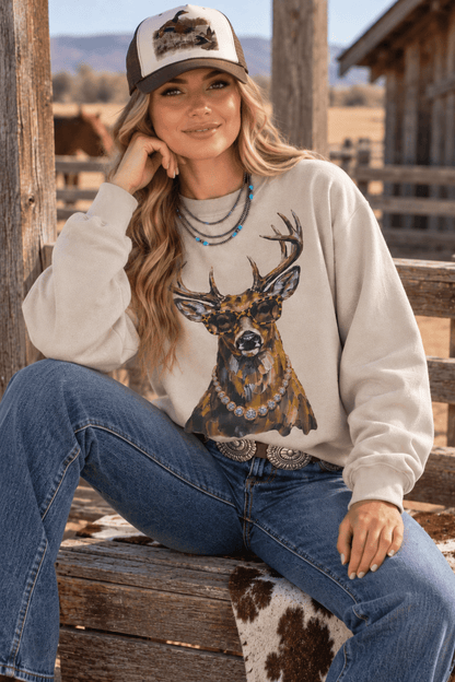 Glam Whitetail Deer Graphic Sweatshirt in Sand