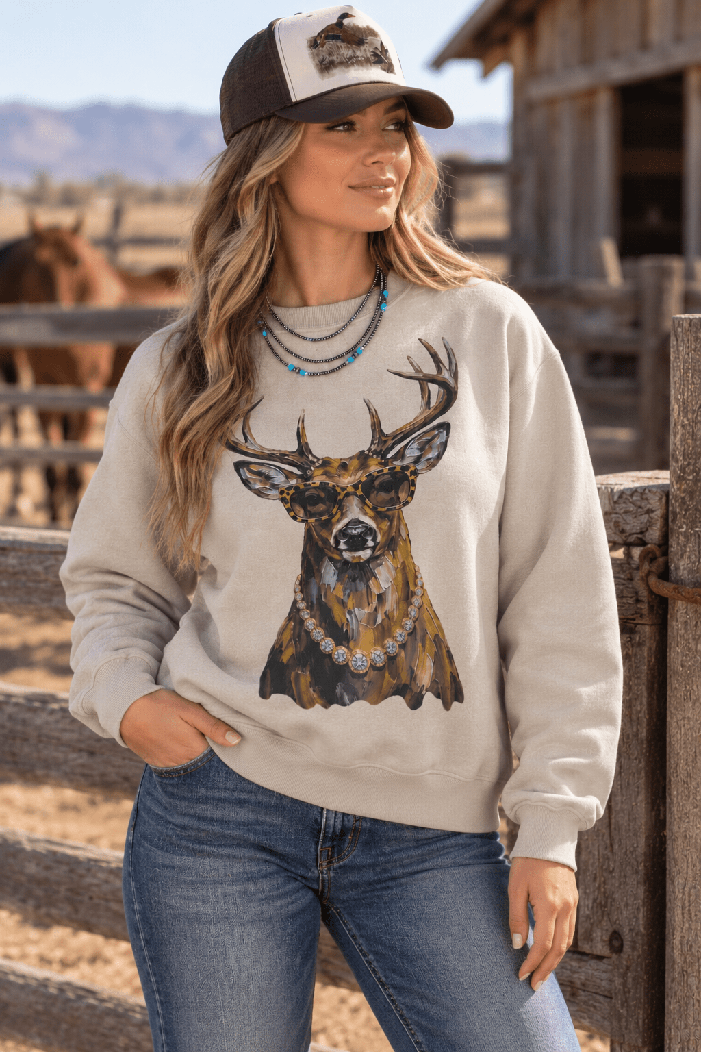 Glam Whitetail Deer Graphic Sweatshirt in Sand