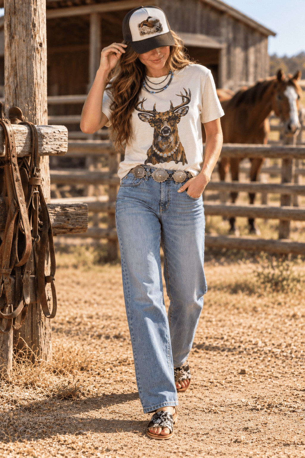 Glam Whitetail Deer Graphic Tee in Cement