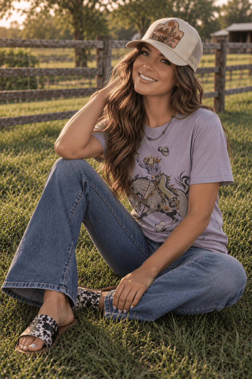 Halloween Cowgirl Bucking Horse Graphic Tee in Pebble