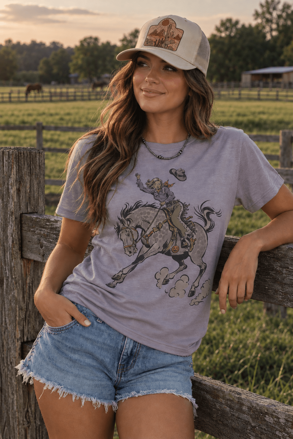 Halloween Cowgirl Bucking Horse Graphic Tee in Pebble