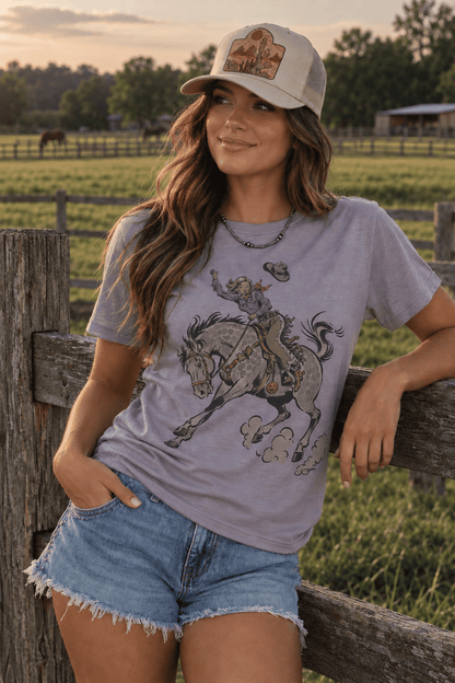Halloween Cowgirl Bucking Horse Graphic Tee in Pebble