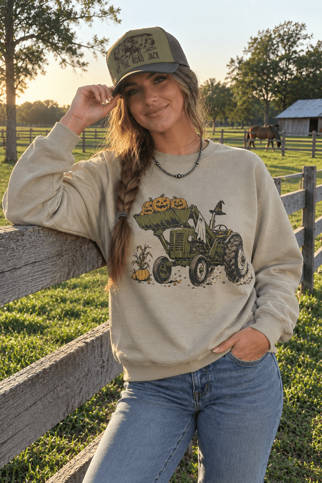 Halloween Tractor Graphic Sweatshirt in Sand