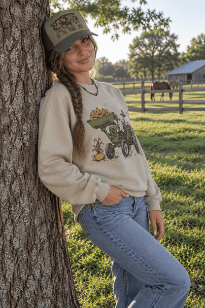 Halloween Tractor Graphic Sweatshirt in Sand