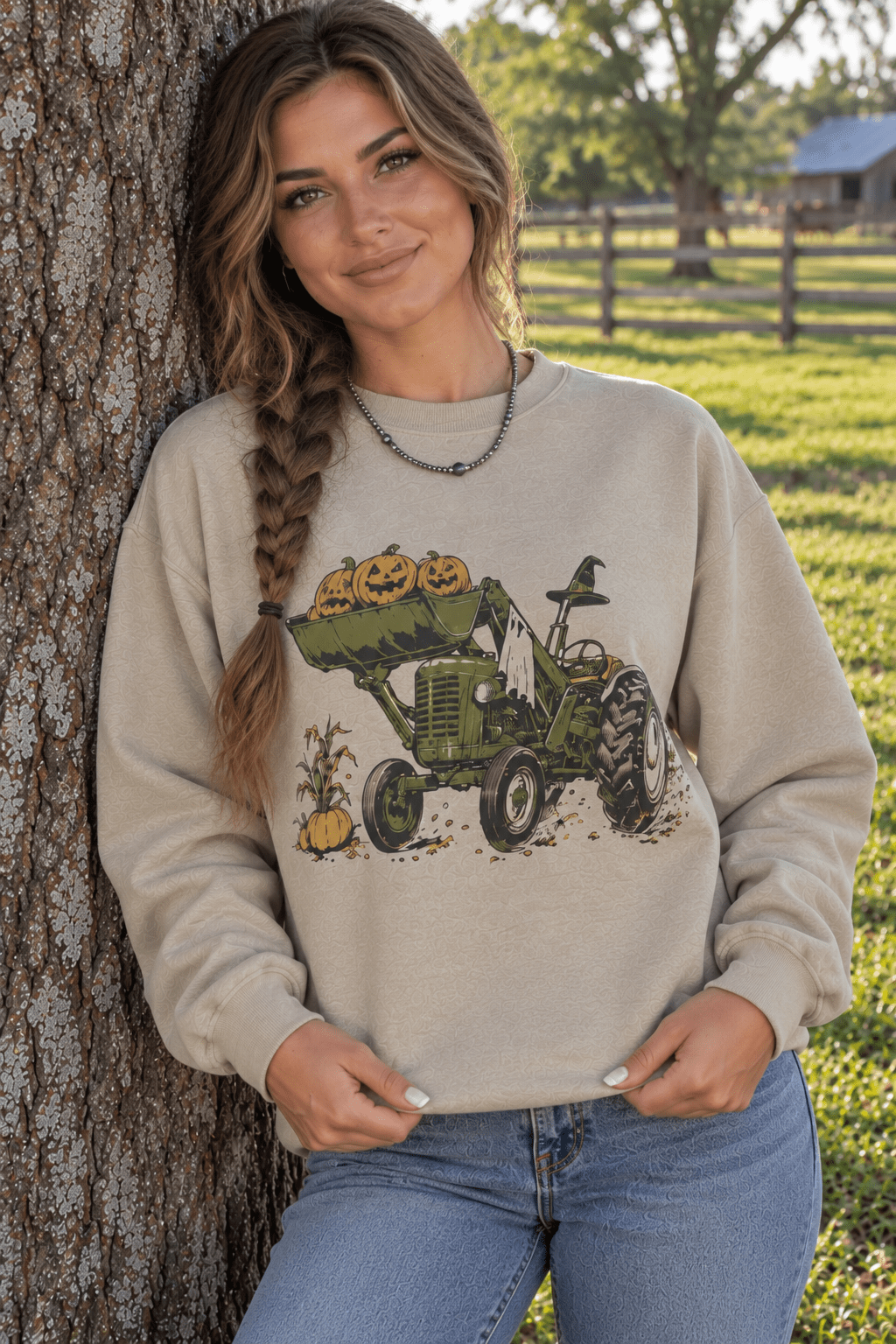 Halloween Tractor Graphic Sweatshirt in Sand