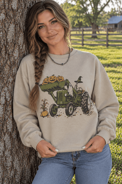 Halloween Tractor Graphic Sweatshirt in Sand