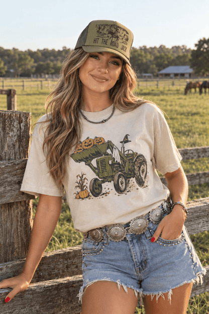 Halloween Tractor Graphic Tee in Cement