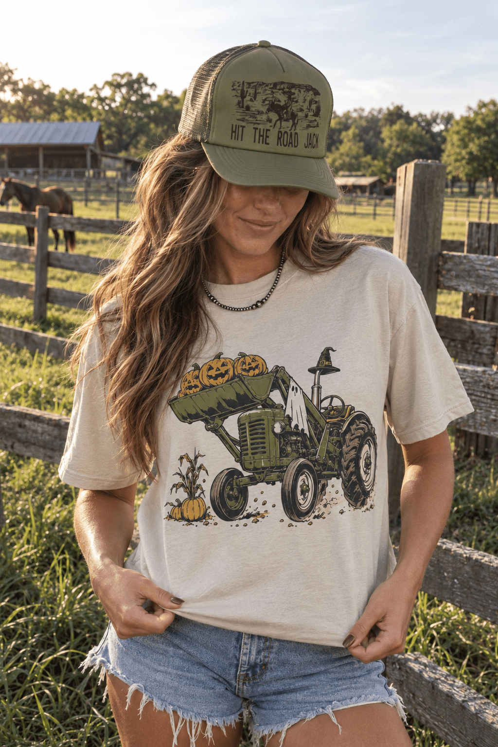 Halloween Tractor Graphic Tee in Cement
