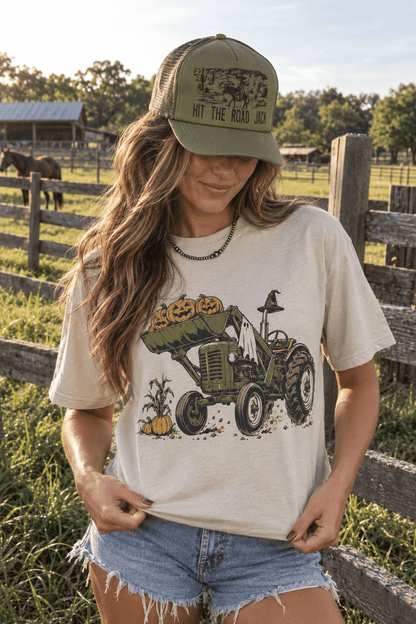 Halloween Tractor Graphic Tee in Cement